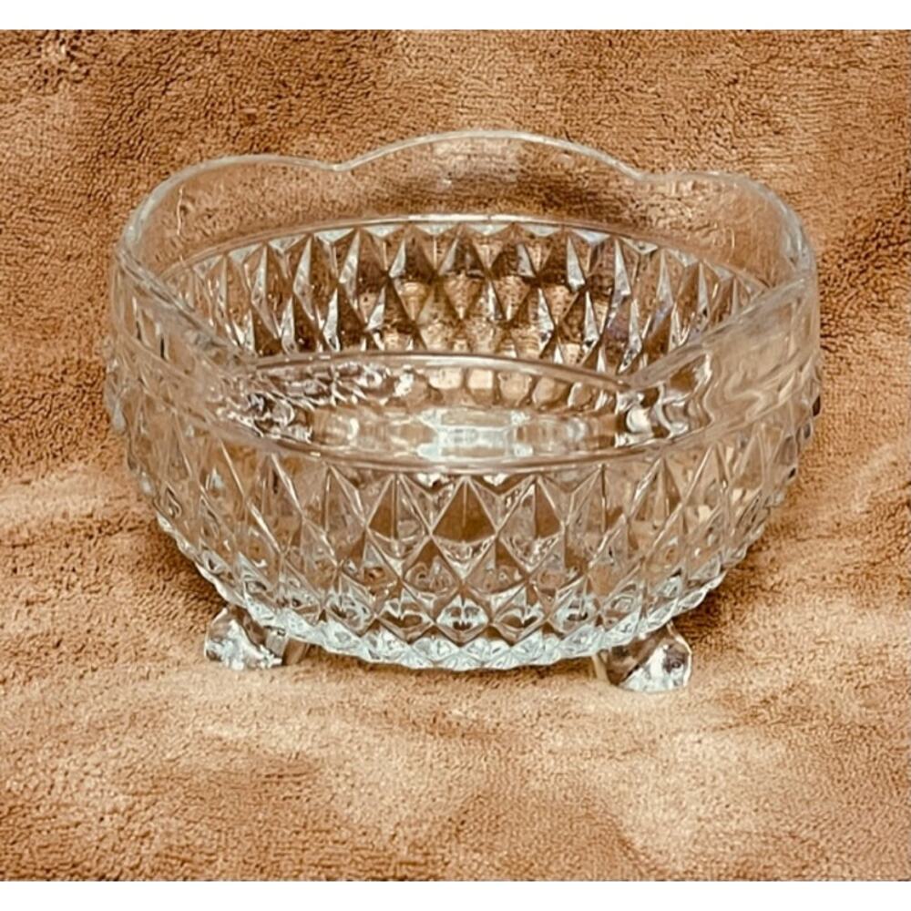 Vintage Indiana Glass Scalloped Edge Diamond Point (3) Footed Candy Dish